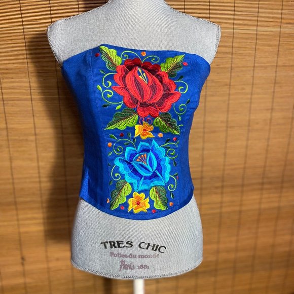 Atuendo Tops - NWT Mexican Embroidered Royal Blue Corset with Back Zipper Size Small